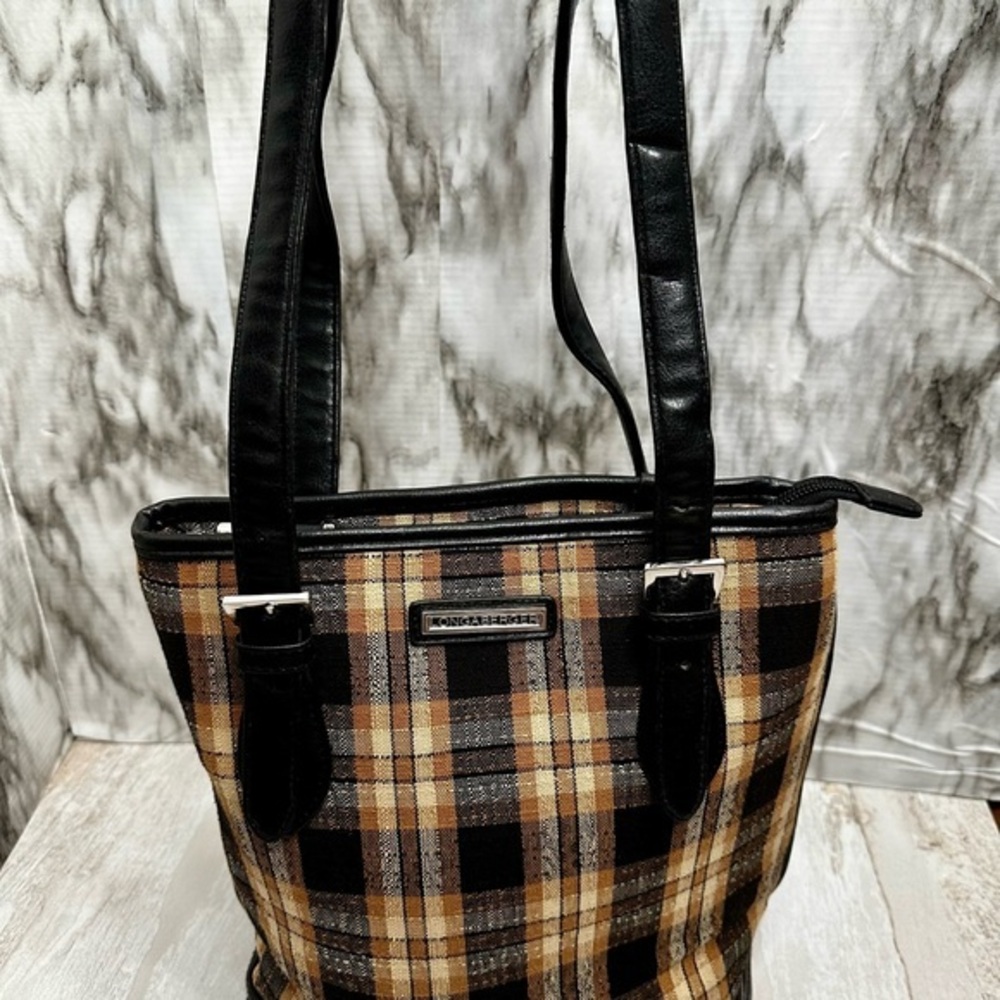 Longaberger Black Brown Plaid Cloth Bucket Bag Silver Hardware Vintage Fall Cozy
